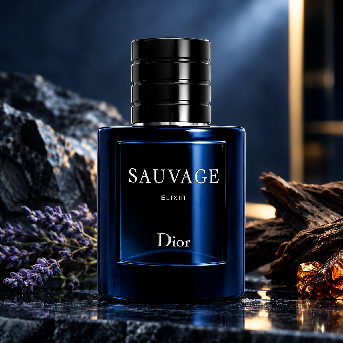 Dior Sauvage Elixir men's fragrance in a dark blue bottle with black cap