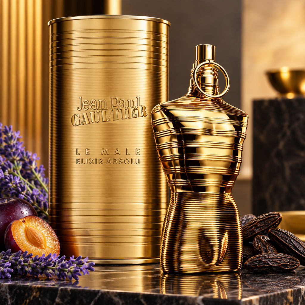 Jean Paul Gaultier Le Male Elixir Absolu Parfum Intense gold bottle and matching gold fragrance box.
