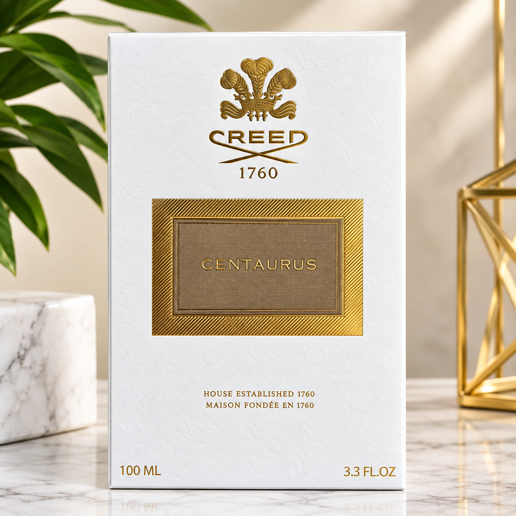 CREED Centaurus Eau de Parfum 100ml luxury perfume box on a marble surface.