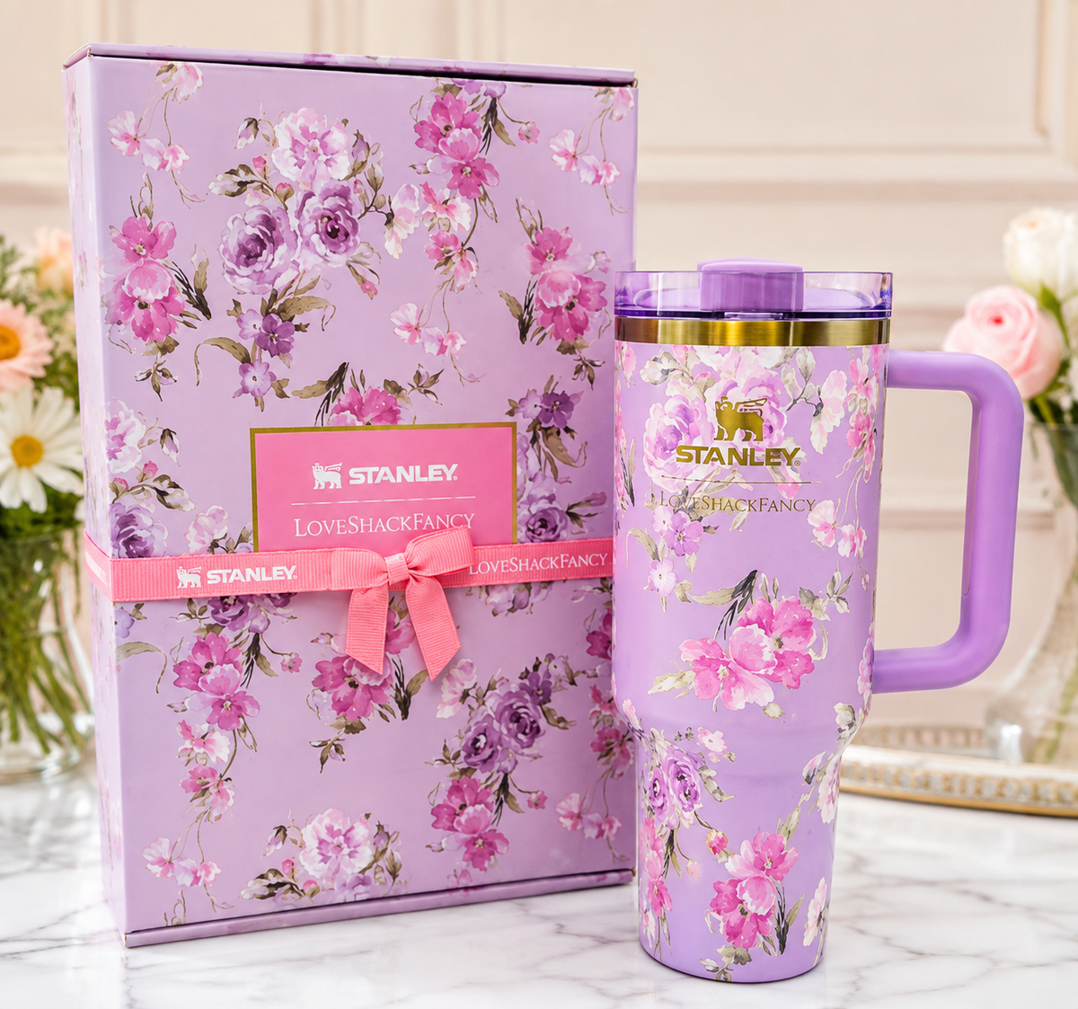 Floral Pink & Lavender Insulated Tumbler with Handle – Romantic Flower Design