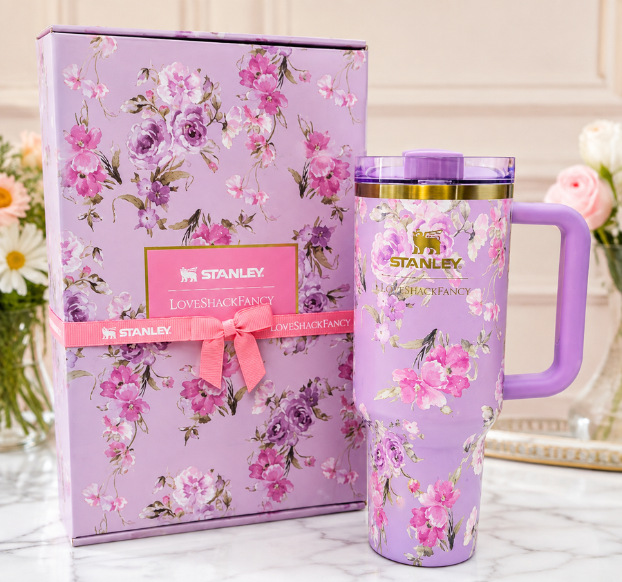 Floral Pink & Lavender Insulated Tumbler with Handle – Romantic Flower Design