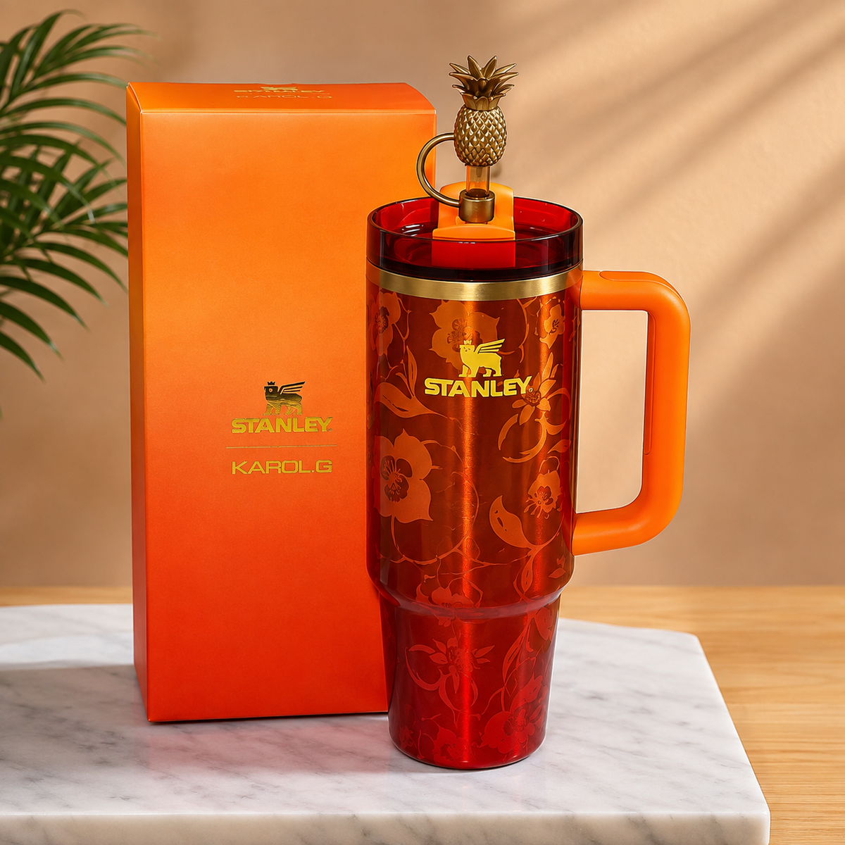 Stanley Inspired Red Floral Tumbler with Orange Handle & Pineapple Topper