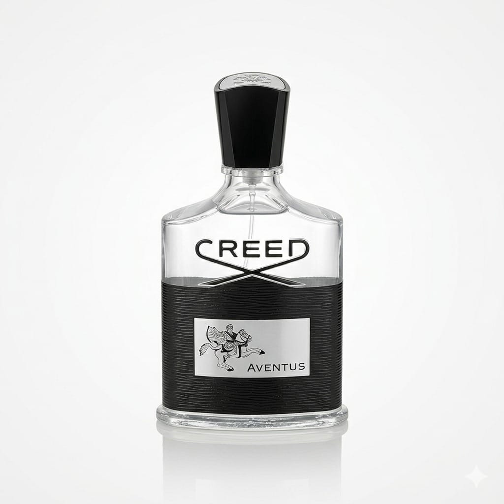 Creed Aventus Eau de Parfum bottle on a reflective white surface. The clear glass bottle features a textured black lower section with a silver label, and a black cap.