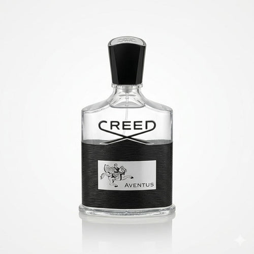 Creed Aventus Eau de Parfum bottle on a reflective white surface. The clear glass bottle features a textured black lower section with a silver label, and a black cap.