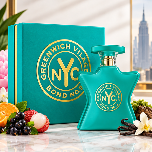 Bond No. 9 Greenwich Village Eau de Parfum teal bottle and box with NYC design.