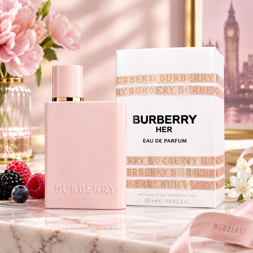 Burberry Her Eau de Parfum 50ml pink perfume bottle and white Burberry Her box
