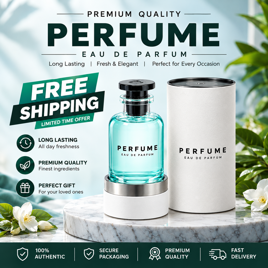 Premium Eau de Parfum perfume bottle with elegant white packaging, fresh fragrance design, and luxury presentation.