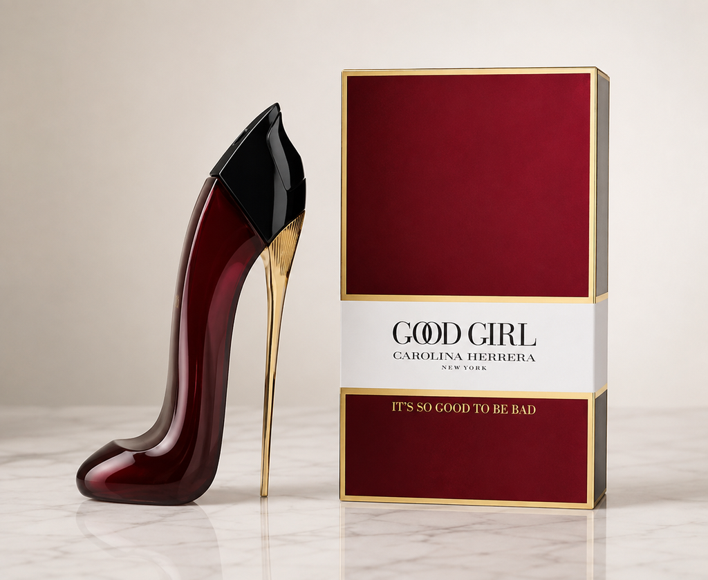 Carolina Herrera Good Girl perfume bottle shaped like a stiletto high heel in deep burgundy with a black toe cap and gold heel, displayed next to its red and gold packaging box on a light marble surface.