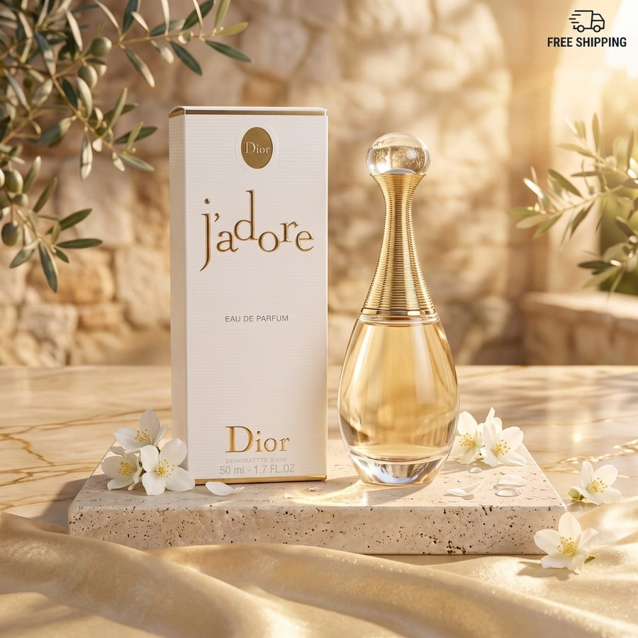 Dior J'adore Eau de Parfum bottle and its white box, styled on a stone slab with white flowers and olive branches against a warm beige stone wall background.