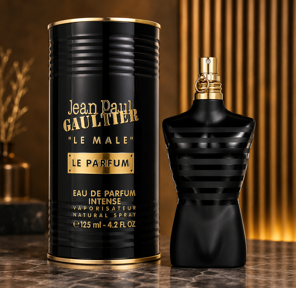 Jean Paul Gaultier Le Male Le Parfum Eau de Parfum Intense, shown with its signature black cylindrical packaging canister and the black bottle with gold accents on a marble surface.