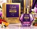 Rabanne Lady Million Empire Eau de Parfum 80 mL gold and purple perfume bottle with matching box.