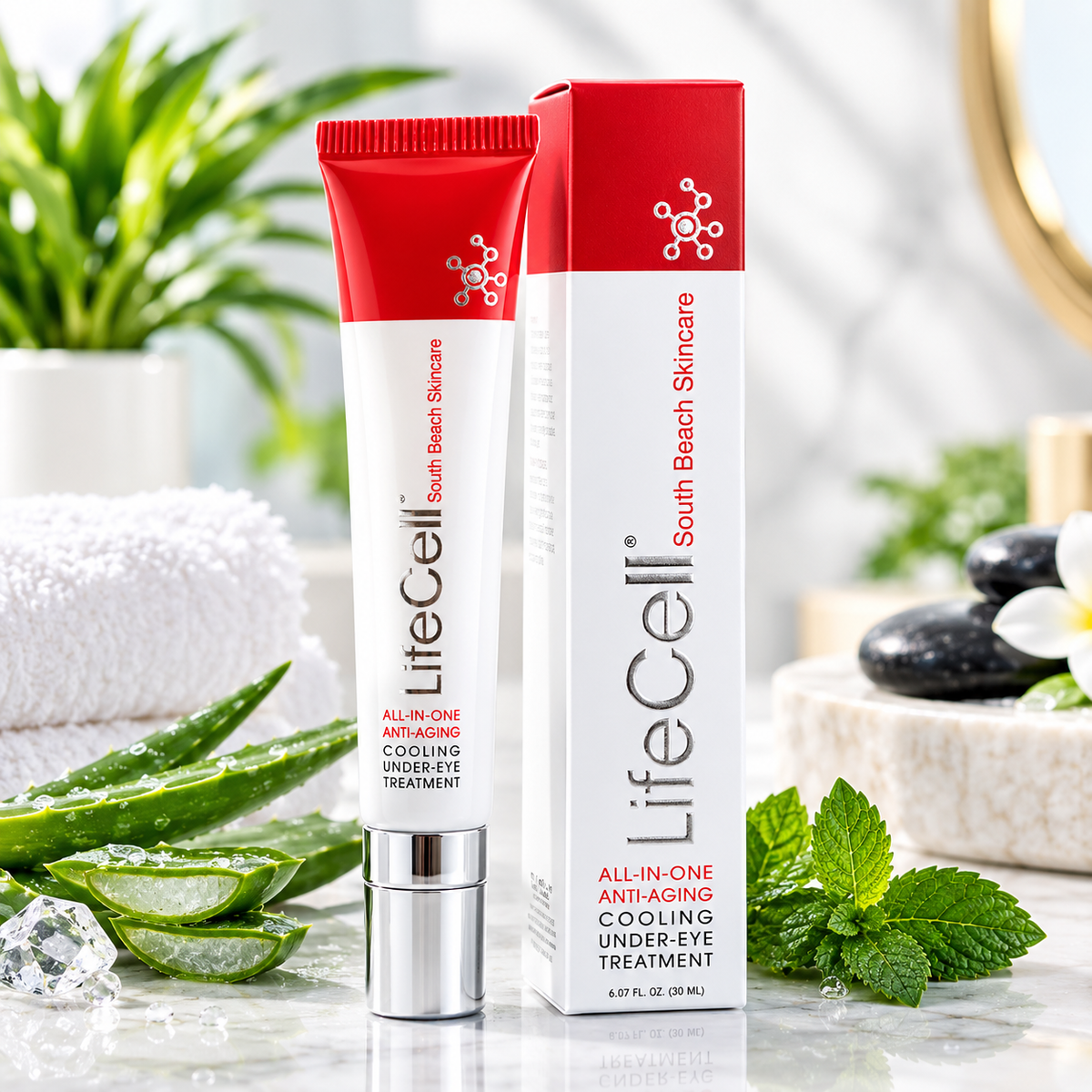 LifeCell South Beach Skincare All-In-One Anti-Aging Cooling Under-Eye Treatment 30 mL tube and box