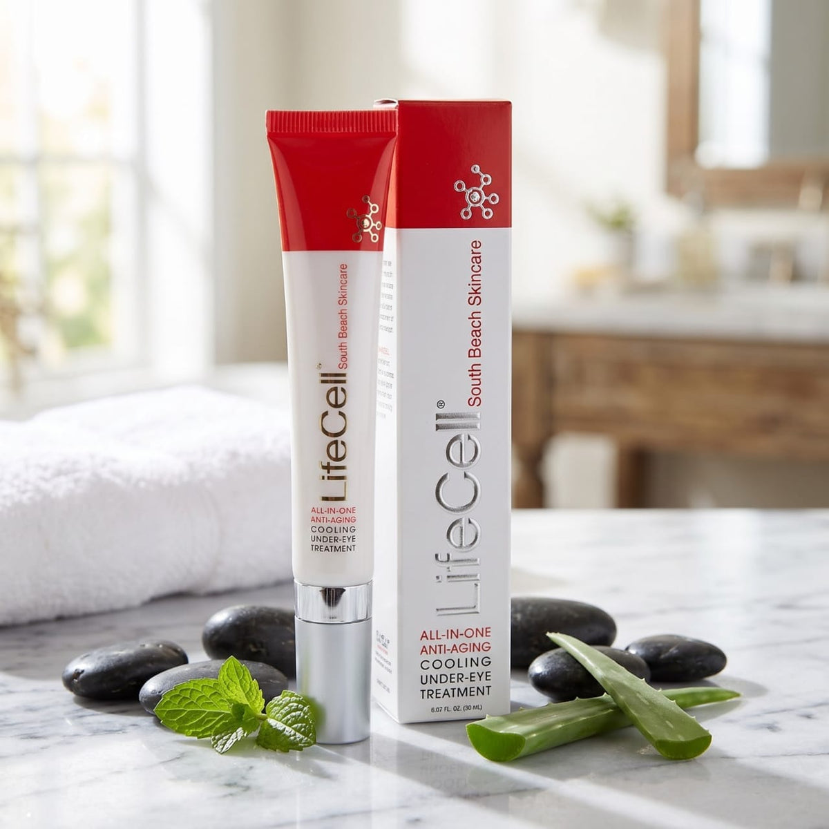 LifeCell South Beach Skincare All-In-One Anti-Aging Cooling Under-Eye Treatment 30 mL tube and box