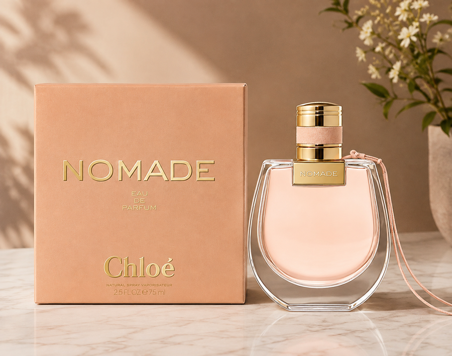 Chloé Nomade Eau de Parfum bottle with a gold cap next to its peach-colored box, set on a marble surface with a warm beige background and soft shadows.