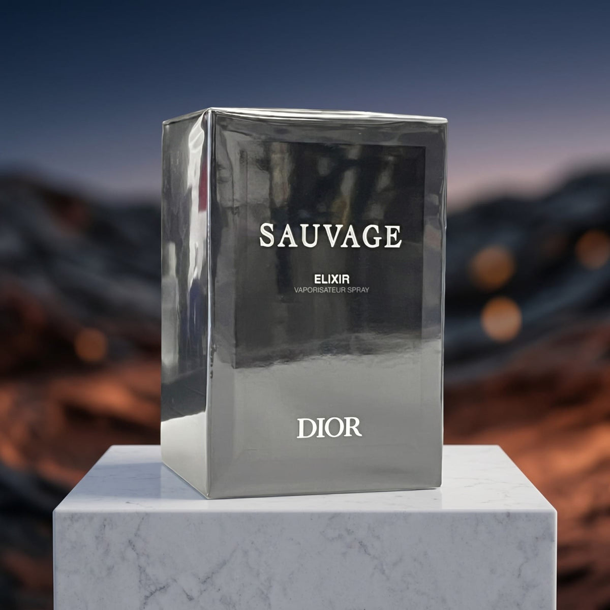 Dior Sauvage Elixir men's fragrance box with silver packaging