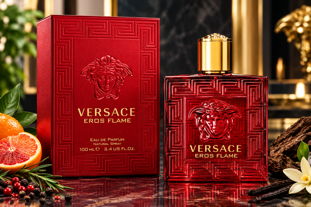 Versace Eros Flame Eau de Parfum for Men 100 mL red bottle and box