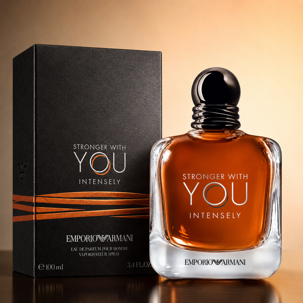 Emporio Armani Stronger With You Intensely perfume bottle with amber liquid and a black cap, shown next to its black packaging box with orange stripes on a warm beige background.
