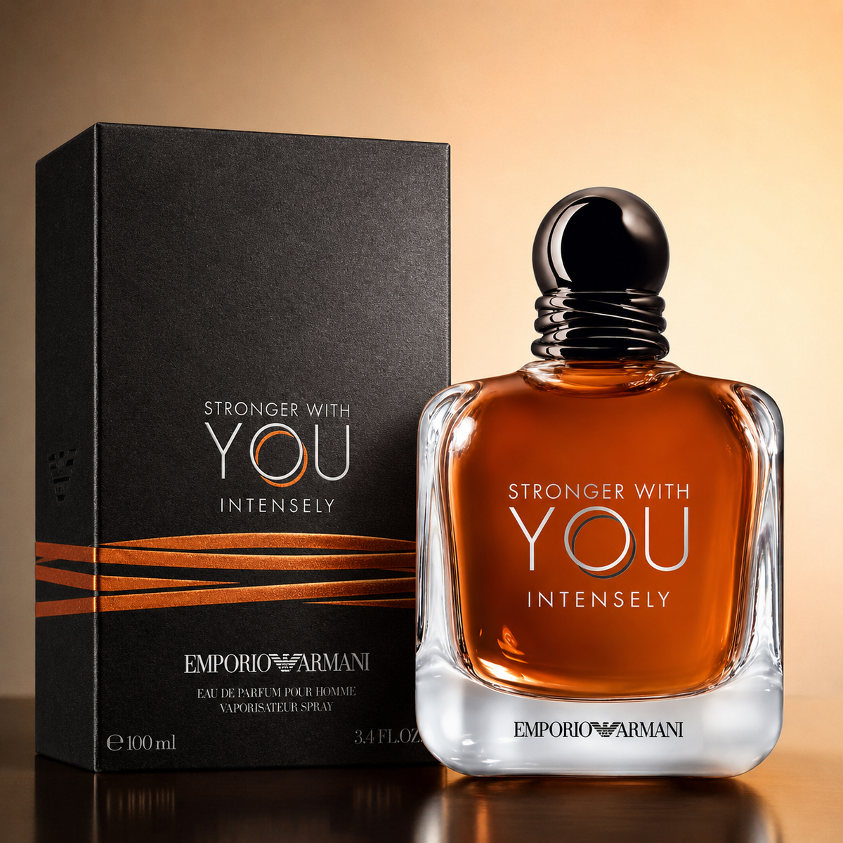 Emporio Armani Stronger With You Intensely perfume bottle with amber liquid and a black cap, shown next to its black packaging box with orange stripes on a warm beige background.