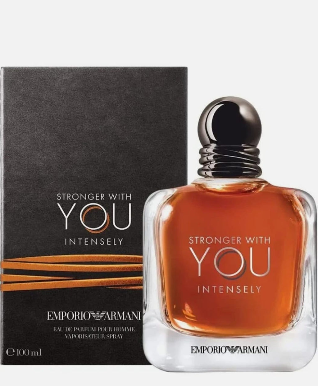 Emporio Armani Stronger With You Intensely perfume bottle and its black packaging box, shown against a light gray background.