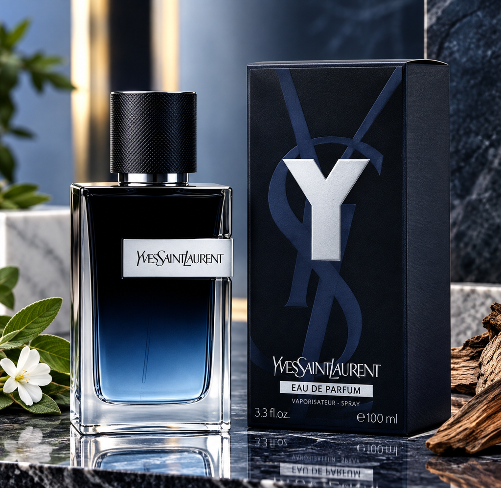 YSL Y Eau de Parfum for men 100 mL bottle and box.