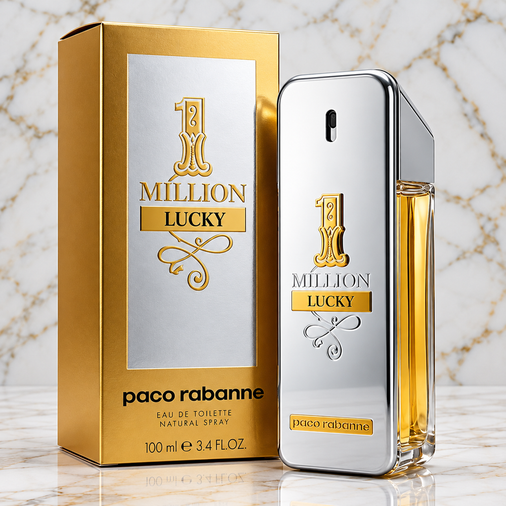 Paco Rabanne 1 Million Lucky Eau de Toilette shown with its gold and silver packaging box and the rectangular perfume bottle on a marble surface against a marble background.