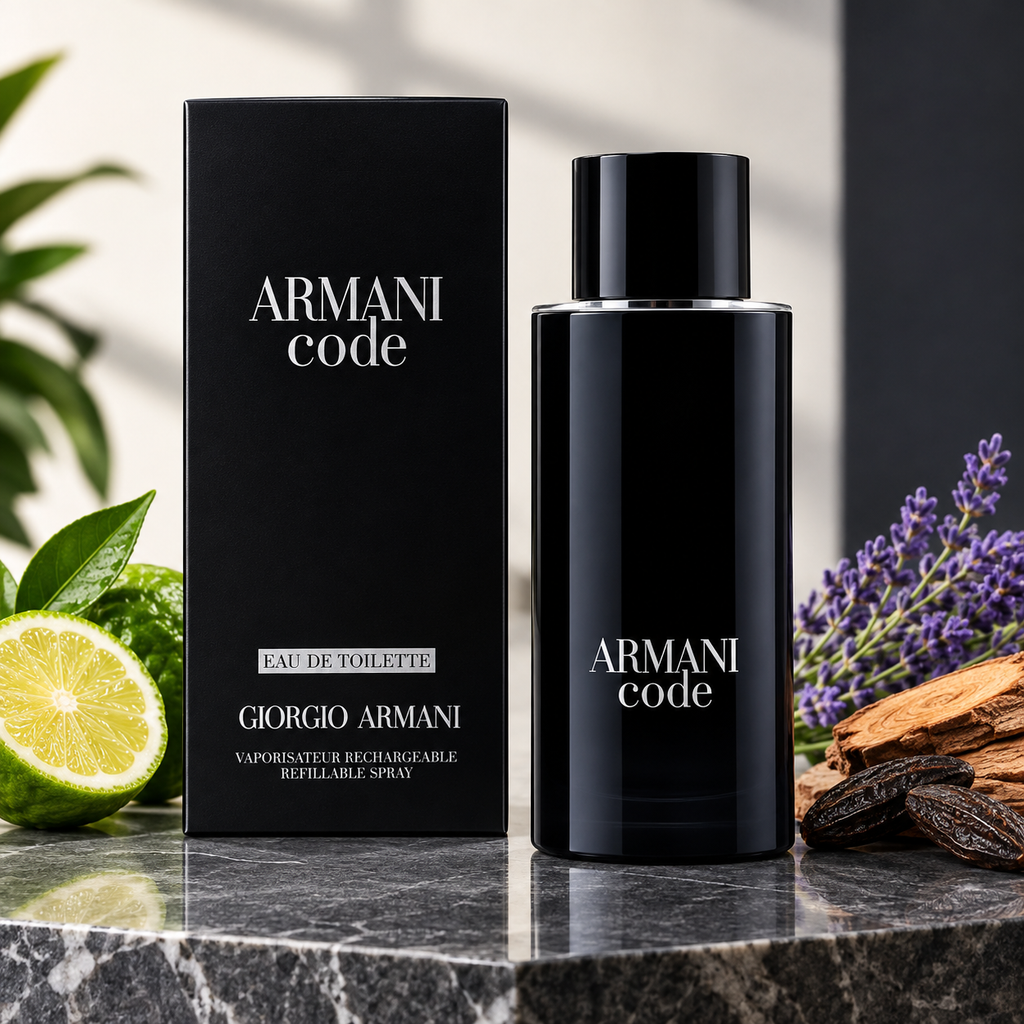 Giorgio Armani Code Eau de Toilette refillable men's fragrance spray with black bottle and box.
