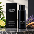 Giorgio Armani Code Eau de Toilette refillable men's fragrance spray with black bottle and box.