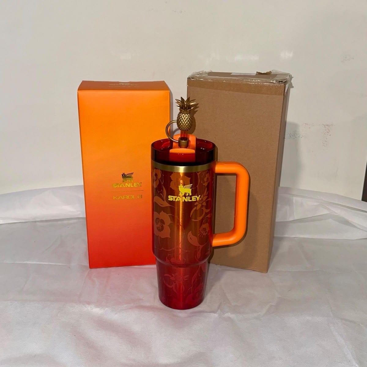 Stanley Inspired Red Floral Tumbler with Orange Handle & Pineapple Topper