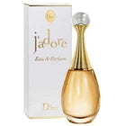 Dior J'adore Eau de Parfum bottle with its signature gold-toned glass and silver atomizer, shown next to its white and gold packaging box.