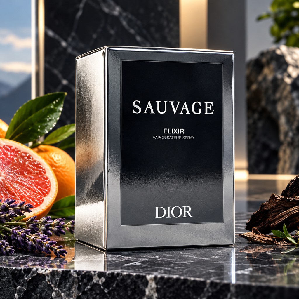 Dior Sauvage Elixir men's fragrance box with silver packaging